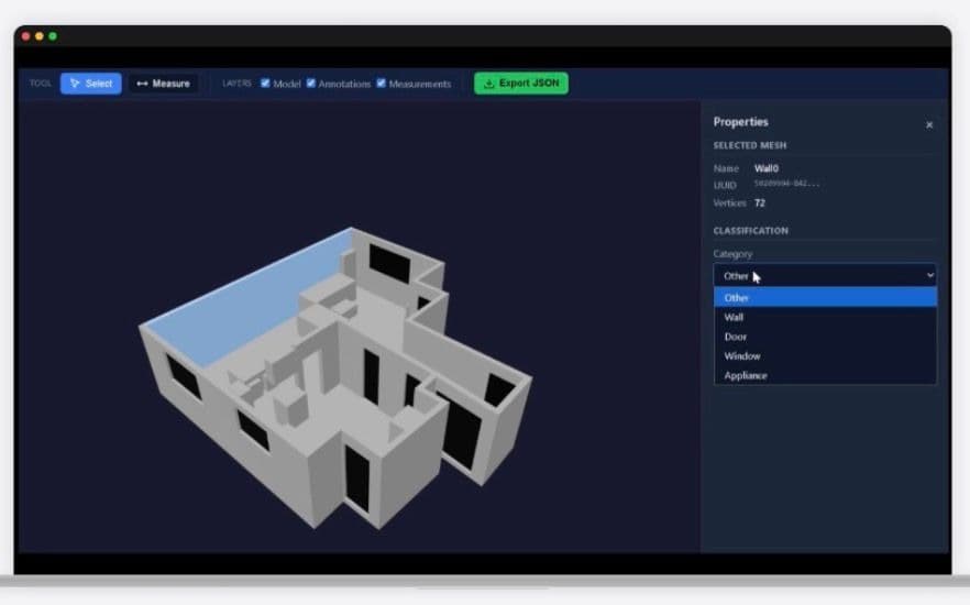 Interactive 3D building model editor with mesh selection, classification tools, and energy visualization