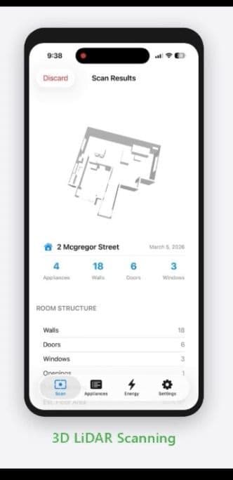 Scan results showing room structure with walls, doors, windows, and appliance counts