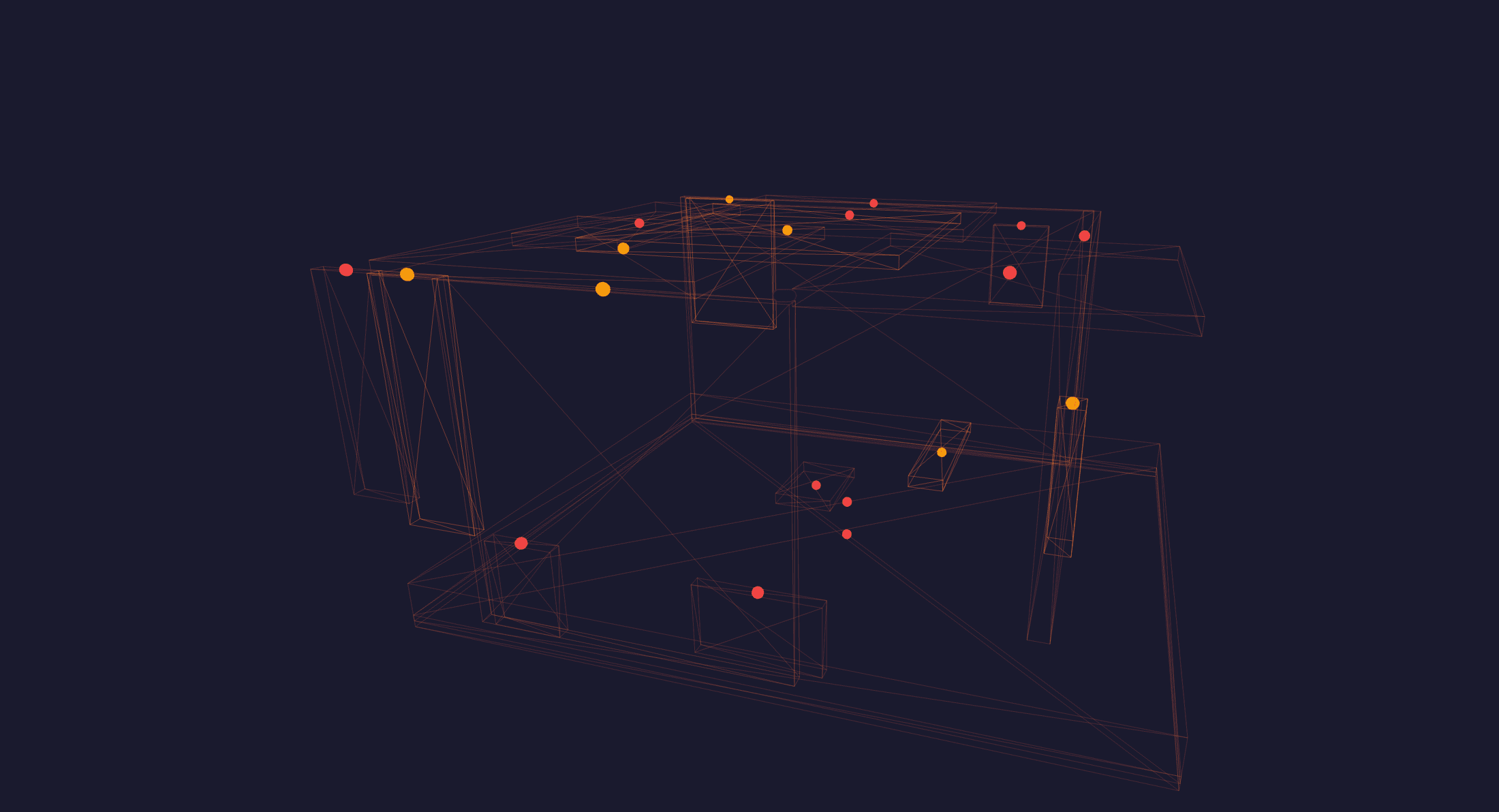 Wireframe building scan with fragmented surfaces, confidence points, and inferred geometry