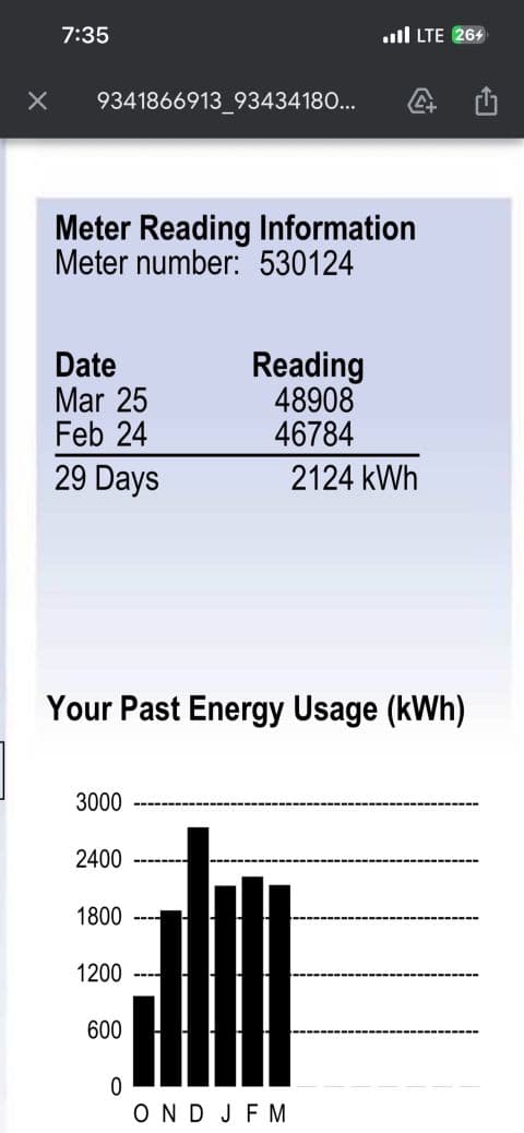 Meter Reading Information showing 2,124 kWh over 29 days