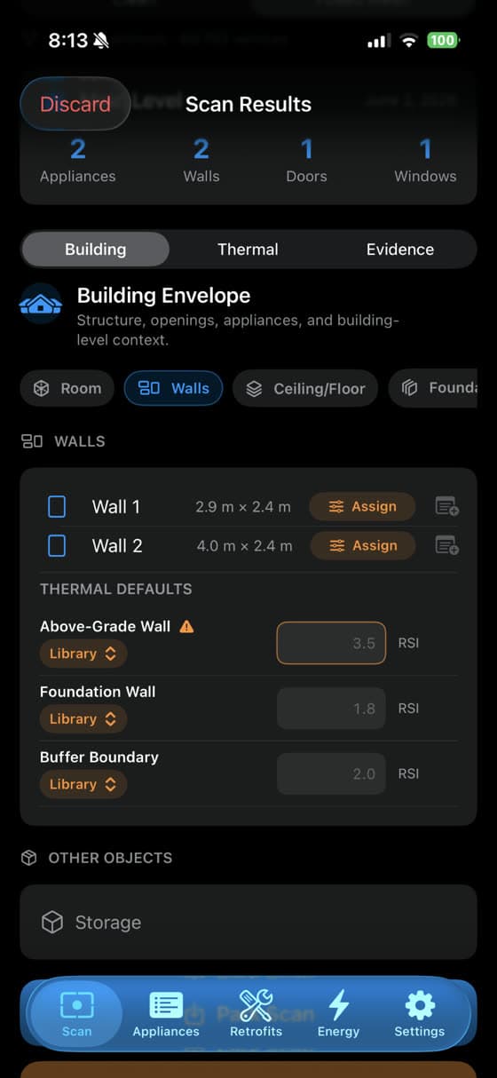 Energy Intelligence iOS building envelope screen showing wall assignments and thermal defaults