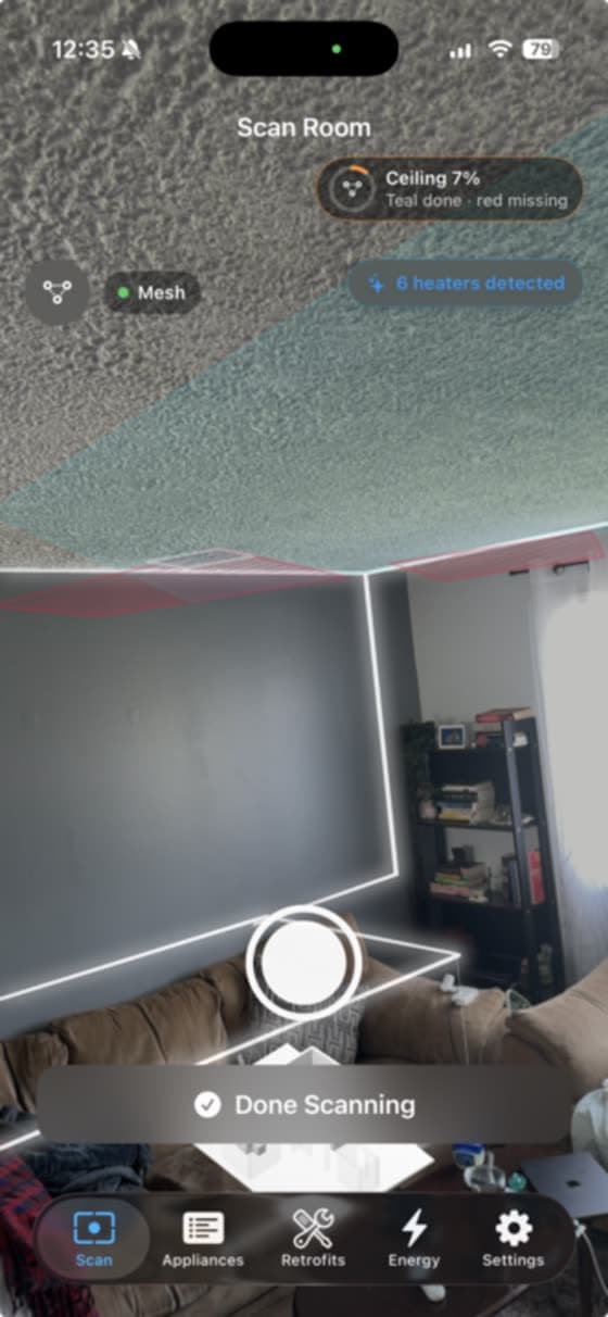 iPhone LiDAR room scan showing mesh capture and heater detection overlays