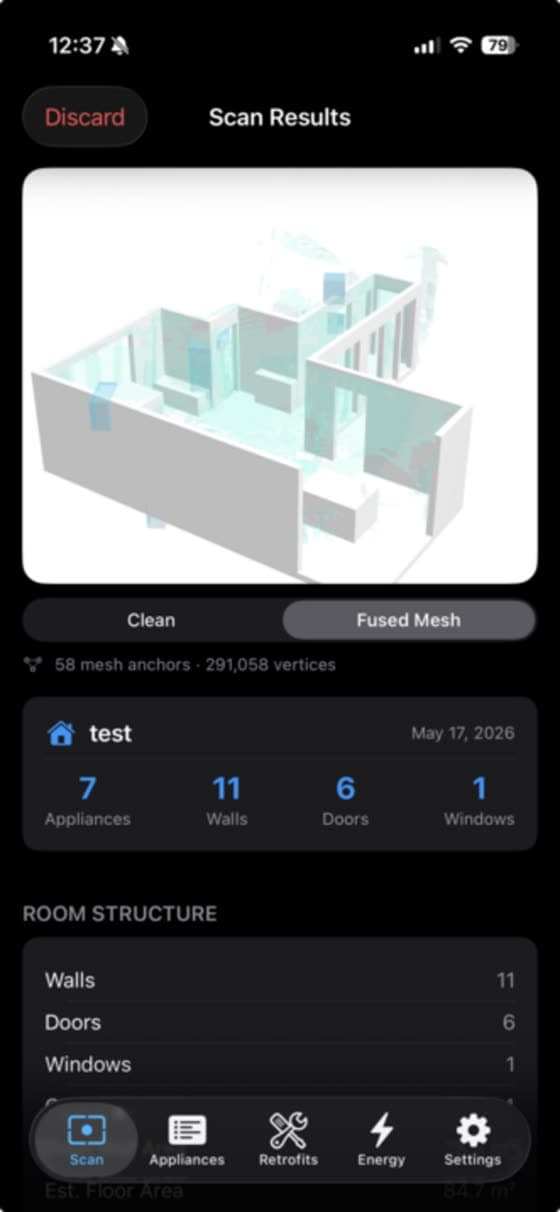 Energy Intelligence iOS scan results showing fused mesh and room structure metrics
