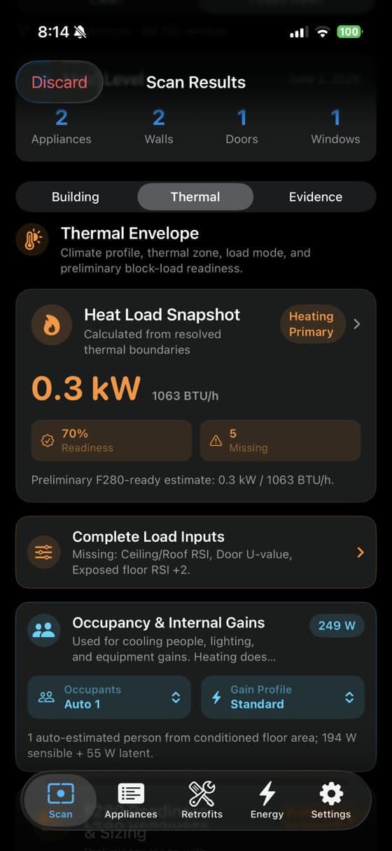 Energy Intelligence iOS thermal envelope screen showing preliminary heat load readiness